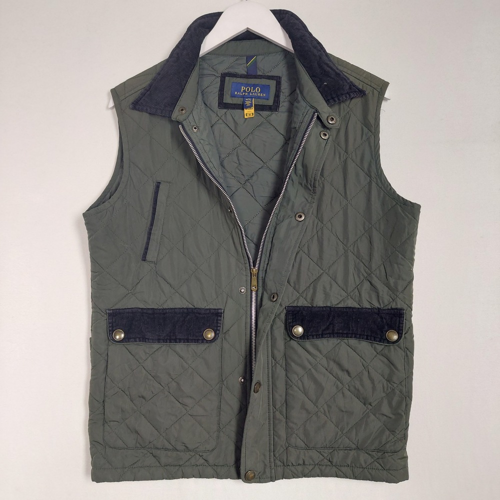 Polo Ralph Lauren Mens Quilted Vest Olive Green Corduroy Trim Medium